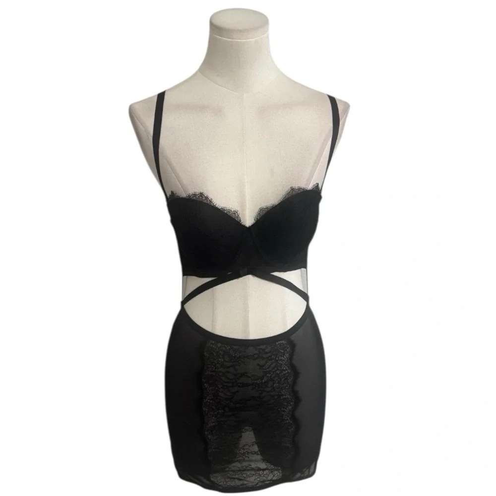 Victoria's Secret Black Chemise Bra Sexy Slip Dress Lingerie 34C Lace Sheer 34 C